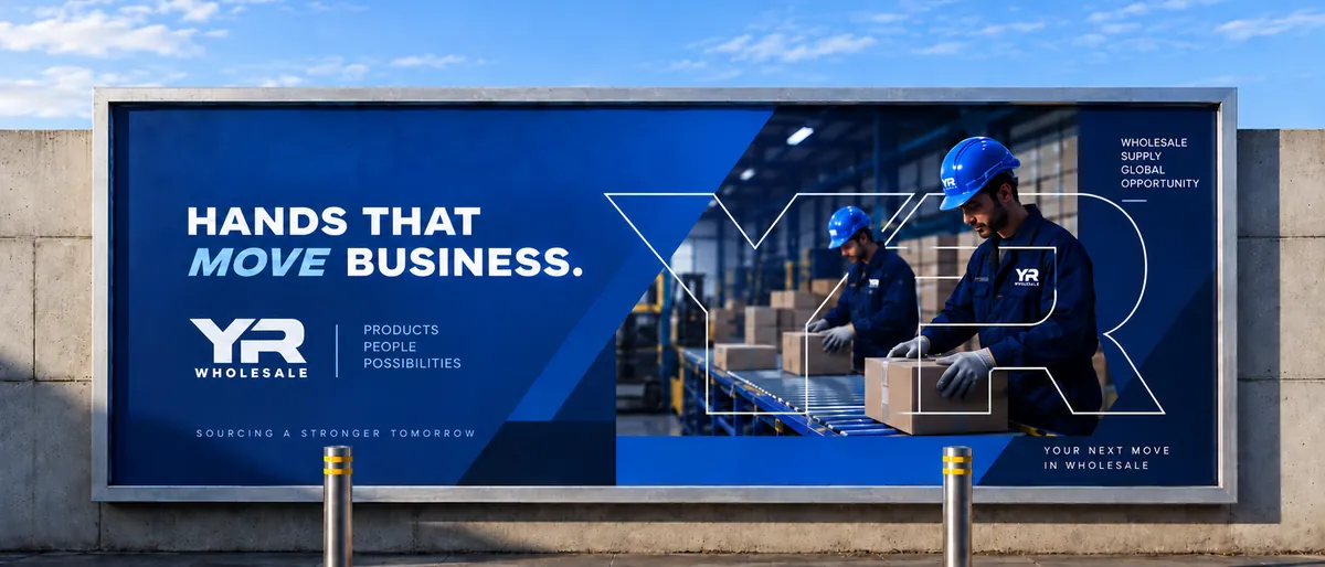 YR Wholesale billboard reading “Hands that move business”, with warehouse staff packing boxes behind an outlined YR mark