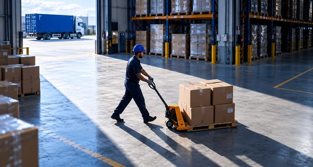 A warehouse operative moving a pallet of boxed stock, with a blue shipping container at the loading bay