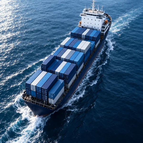 Container ship carrying blue and white shipping containers across open sea