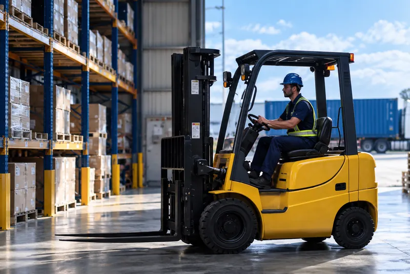 Forklift operator moving pallets between racked stock inside a warehouse