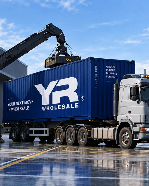YR Wholesale branded shipping container being loaded onto a lorry at a distribution yard